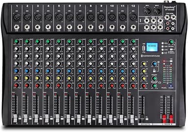 Depusheng DT12 Studio Audio Mixer 12-Channel DJ Sound Controller Interface w/USB Drive for Computer Recording Input, XLR Microphone Jack, 48V Power, RCA Input/Output for Professional and Beginners