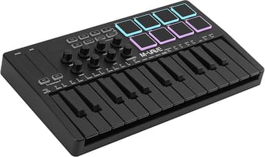 M-WAVE 25 Key USB MIDI Keyboard Controller With 8 Backlit Drum Pads, Bluetooth Semi Weighted Professional dynamic keybed 8 Knobs and Music Production,Software Included (Black)