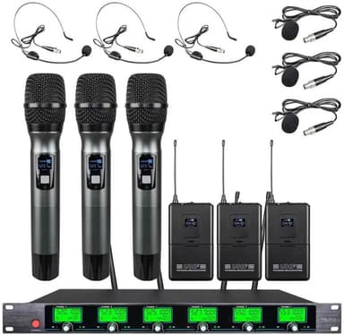 6 Channel Microphone Wireless Microphone System UHF 3 Handheld Mic 3 Headset 3 Lavalier Bodypack 3 Lapel Mic Karaoke System Church Speaking Conference Wedding Party Frequency A School